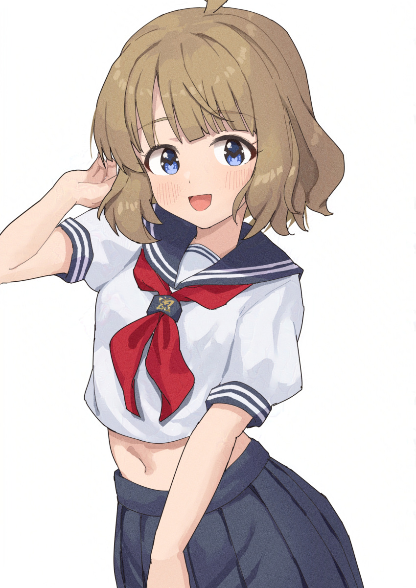 1girl ahoge arm_up blue_eyes blue_sailor_collar blue_skirt blush breasts brown_hair commentary ebifu highres idolmaster idolmaster_million_live! looking_at_viewer medium_hair navel neckerchief open_mouth pleated_skirt red_neckerchief sailor_collar school_uniform serafuku shirt short_sleeves sidelocks skirt small_breasts smile solo stomach suou_momoko upper_body wavy_hair white_background white_shirt