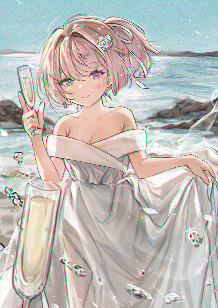 1girl 1other absurdres alternate_costume bare_shoulders beach blue_eyes blue_sky breasts champagne_flute cleavage cup dress drinking_glass feet_out_of_frame flower gloves hair_flower hair_ornament highres holding kantai_collection kaomoji_(sagor00237) looking_at_viewer off-shoulder_dress off_shoulder outdoors pink_hair ponytail pov rock rose shiranui_(kancolle) shiranui_kai_ni_(kancolle) short_hair skirt_hold sky small_breasts smile solo water white_dress white_flower white_gloves white_rose