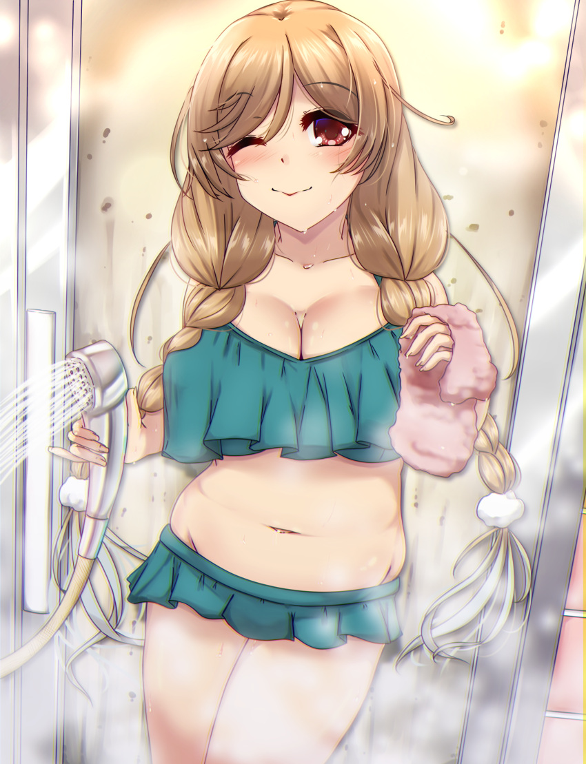 1girl absurdres bikini braid breasts cleavage cloud_hair_ornament cosplay frilled_bikini frills green_bikini grey_hair highres holding holding_shower_head indoors kantai_collection kasumi_(kancolle) kasumi_(kancolle)_(cosplay) large_breasts light_brown_hair long_hair looking_at_viewer low_twin_braids minegumo_(kancolle) navel plump red_eyes shigatsu_(soratobuusagi) shower_(place) shower_head smile solo standing swimsuit twin_braids very_long_hair wet