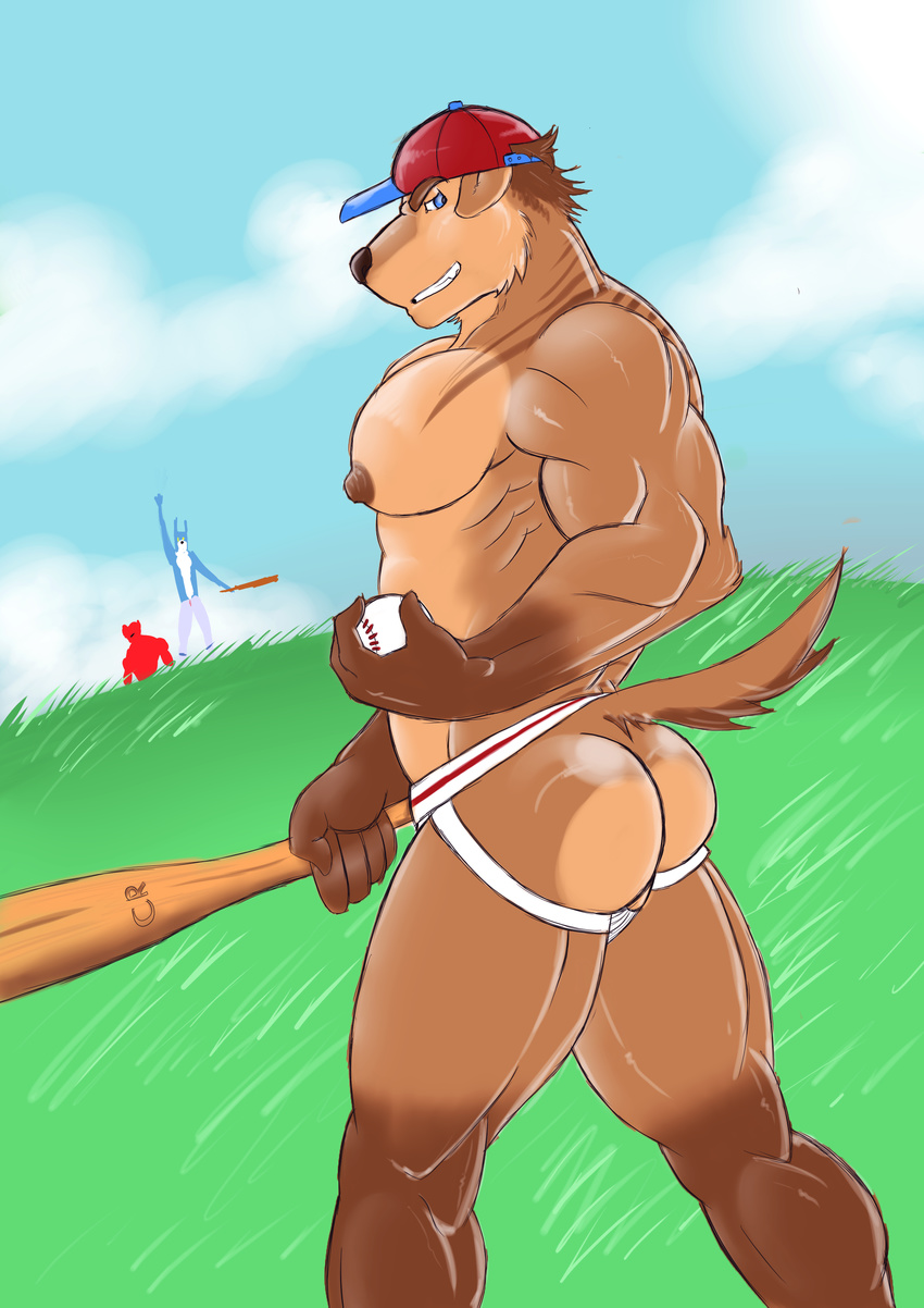 abs anthro ball baseball_(ball) biceps big_butt blue_eyes butt canine crystalryder dog fur hair jockstrap looking_at_viewer male mammal muscles nipples pecs pose smile solo sport sports standing underwear