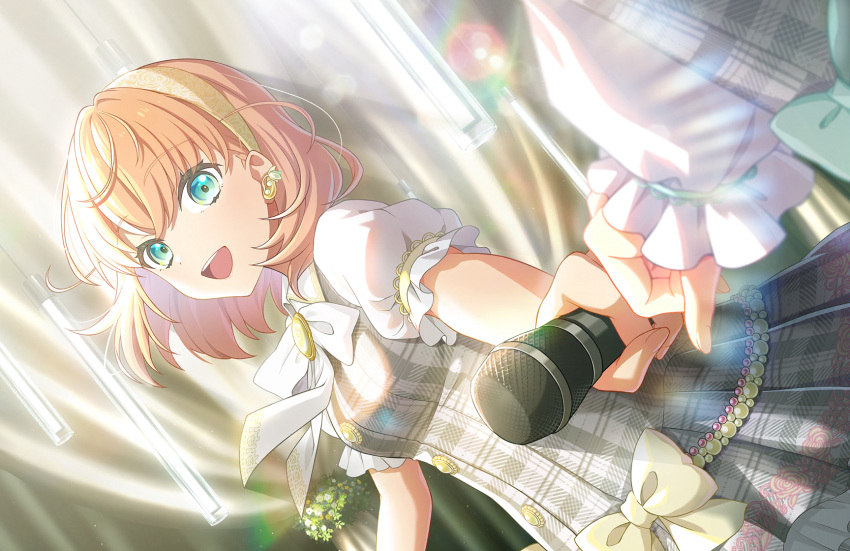 2girls :d aqua_eyes blurry blurry_foreground bow crossed_bangs dress dress_bow dutch_angle earrings fist_bump floral_print_dress frilled_dress frills game_cg green_bow grey_dress hairband hanging_light highres hinoshita_kaho holding holding_microphone holiday_holiday_(love_live!) jewelry lens_flare lens_flare_abuse link!_like!_love_live! long_sleeves looking_at_viewer love_live! medium_hair microphone multiple_girls neck_ribbon official_art open_mouth orange_hair otomune_kozue out_of_frame plaid plaid_skirt puffy_long_sleeves puffy_short_sleeves puffy_sleeves ribbon short_sleeves skirt smile solo_focus stage_curtains teeth third-party_source two_side_up upper_teeth_only virtual_youtuber white_ribbon white_sleeves yellow_bow yellow_hairband