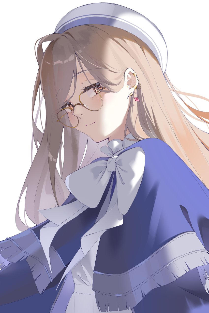 1girl absurdres bespectacled blue_capelet blush bow brown_eyes brown_hair capelet chain_earrings commentary_request drop_earrings earrings glasses hat highres jewelry keya_(user_pnkz5883) long_hair sense_(sousou_no_frieren) simple_background smile solo sousou_no_frieren very_long_hair white_background white_bow yellow-framed_eyewear