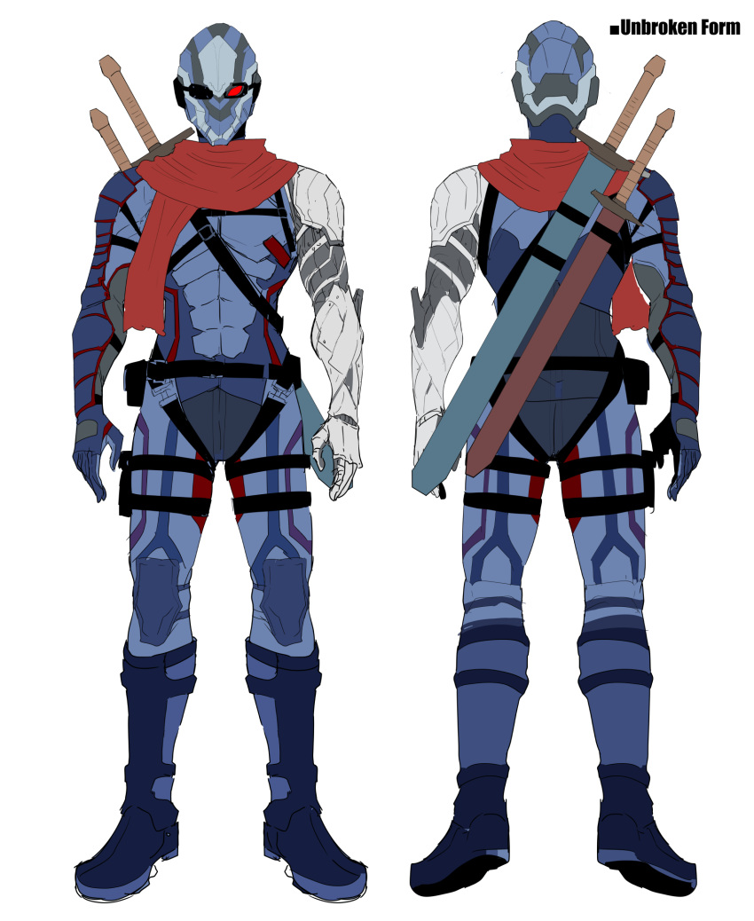 bodysuit clash_kuro_neko harness highres male_focus mask mechanical_arms multiple_swords one-eyed original prosthesis prosthetic_arm red_scarf scarf single_mechanical_arm sword sword_on_back weapon weapon_on_back