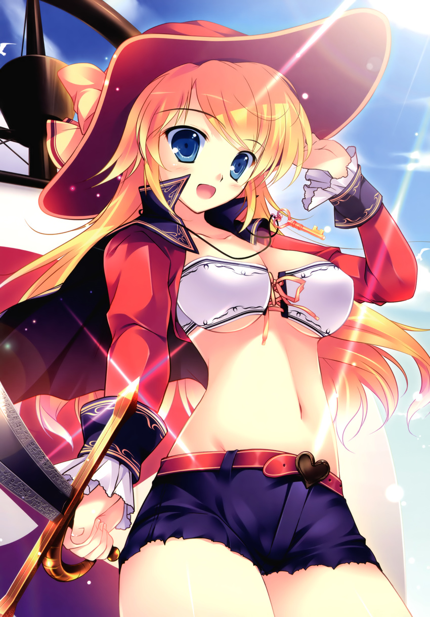 :d absurdres bandeau belt blonde_hair blue_eyes breasts cleavage copyright_request front-tie_top hat highres long_hair medium_breasts mikeou open_mouth short_shorts shorts smile solo sword weapon