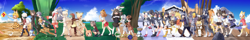 1girl 6+girls :d ^_^ absurdres african_wild_dog_(kemono_friends) alpaca_ears alpaca_suri_(kemono_friends) alpaca_tail american_beaver_(kemono_friends) animal_ear_fluff animal_ears antlers backpack bag bear_ears bear_tail beaver_ears beaver_tail bird_tail black-tailed_prairie_dog_(kemono_friends) black_cerulean_(kemono_friends) black_hair blonde_hair blue_eyes brown_bear_(kemono_friends) brown_eyes brown_hair campo_flicker_(kemono_friends) caracal_(kemono_friends) caracal_tail carrying cat_ears cat_tail closed_eyes commentary_request common_raccoon_(kemono_friends) curry dog_ears dog_tail eating emperor_penguin_(kemono_friends) eurasian_eagle_owl_(kemono_friends) everyone extra_ears eyes_closed ezo_red_fox_(kemono_friends) fang fennec_(kemono_friends) flag food fox_ears fox_tail gentoo_penguin_(kemono_friends) giraffe_ears giraffe_horns giraffe_print golden_snub-nosed_monkey_(kemono_friends) gradient_hair green_eyes green_hair grey_hair grey_wolf_(kemono_friends) hand_holding hat head_wings highres hippopotamus_(kemono_friends) hippopotamus_ears humboldt_penguin_(kemono_friends) jaguar_(kemono_friends) jaguar_ears jaguar_print jaguar_tail japanese_crested_ibis_(kemono_friends) japari_bun kaban_(kemono_friends) kemono_friends lion_(kemono_friends) lion_ears lion_tail long_hair long_image lucky_beast_(kemono_friends) magnifying_glass makuran margay_(kemono_friends) monkey_ears monkey_tail moose_(kemono_friends) moose_ears moose_tail multicolored_hair multiple_girls northern_white-faced_owl_(kemono_friends) open_mouth orange_eyes orange_hair otter_ears otter_tail prairie_dog_ears raccoon_ears raccoon_tail red_hair reticulated_giraffe_(kemono_friends) rockhopper_penguin_(kemono_friends) royal_penguin_(kemono_friends) running sand_cat_(kemono_friends) serval_(kemono_friends) serval_ears serval_print serval_tail short_hair shoulder_carry silver_fox_(kemono_friends) silver_hair small-clawed_otter_(kemono_friends) smile snake_tail solo striped_tail tail tsuchinoko_(kemono_friends) walking white_hair wide_image wolf_ears wolf_tail