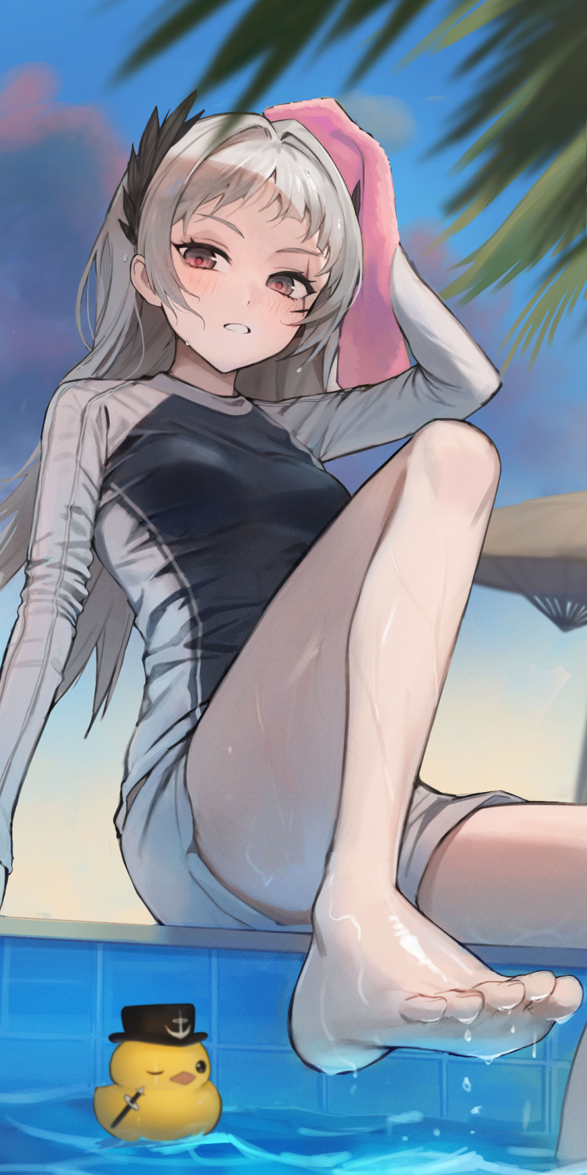 1girl anchor_symbol arknights arm_up beruko14 breasts foot_out_of_frame foot_up grey_hair grey_shorts hair_intakes head_wings highres holding holding_towel irene_(arknights) light_blush long_hair long_sleeves medium_breasts open_mouth pink_eyes pool rubber_duck scar scar_across_eye shorts sitting soles solo toenails toes towel water wet wings