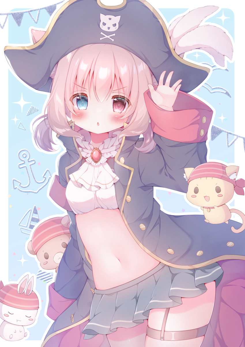 &gt;:) :o animal_ears black_skirt blue_eyes cat_ears hanasakichu hat heterochromia highres navel open_mouth original pink_hair pirate pirate_costume pirate_hat red_eyes skirt skull_and_crossbones smile stomach v-shaped_eyebrows variant_set