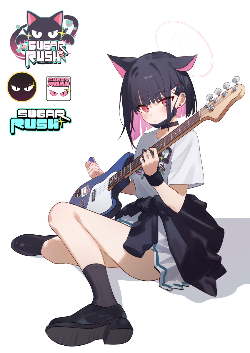 1girl absurdres animal_ears bass_guitar black_cardigan black_choker black_footwear black_hair black_mask black_socks blue_archive blunt_ends blush cardigan cardigan_around_waist cat_ears choker clothes_around_waist colored_inner_hair commentary earrings eco_376124 extra_ears grey_skirt halo highres holding holding_instrument holding_plectrum instrument jewelry kazusa_(band)_(blue_archive) kazusa_(blue_archive) logo looking_at_viewer mask mask_pull mouth_mask multicolored_hair official_alternate_costume pink_eyes pink_hair plectrum print_shirt ring shirt short_hair short_sleeves sitting skirt socks solo stud_earrings two-tone_hair white_shirt wristband
