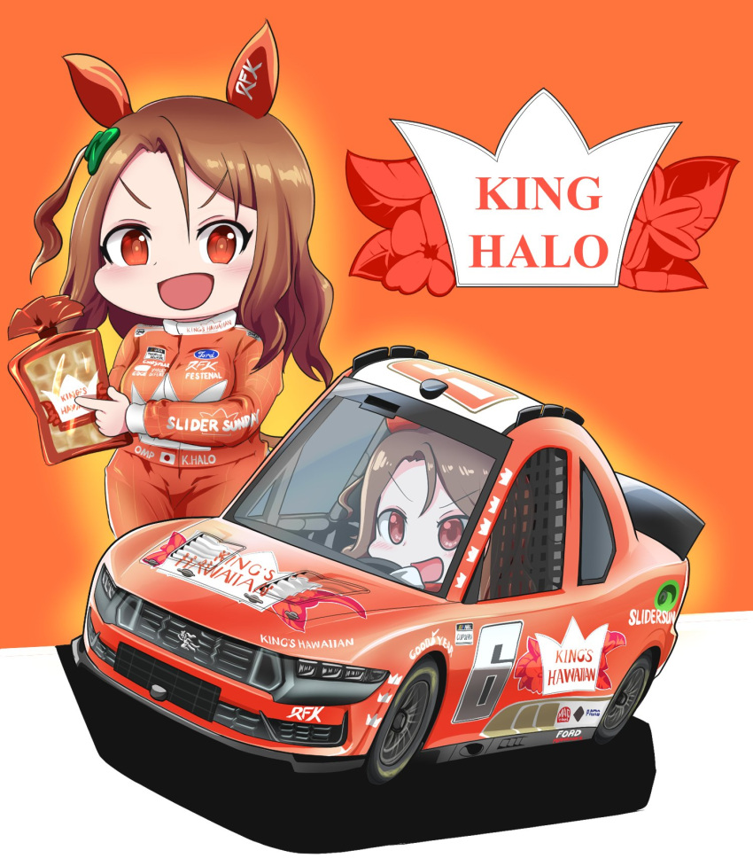 animal_ears bow brad_keselowski brad_keselowski_(cosplay) brand_name_imitation bread car chibi cosplay ear_covers food ford ford_mustang ford_mustang_s650 green_bow hair_bow highres holding horse_ears horse_girl horse_tail japanese_flag jumpsuit king's_hawaiian king_halo_(umamusume) motor_vehicle name_connection nascar orange_background orange_eyes orange_jumpsuit pointing race_vehicle racecar real_life sakusan_(ss-awesome) smile tail umamusume v-shaped_eyebrows vehicle_focus