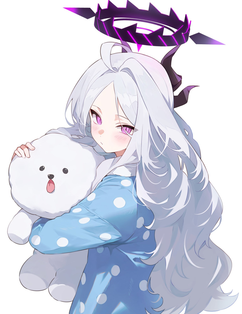 1girl alternate_costume blue_archive casual commentary_request demon_girl demon_horns forehead from_side hair_down halo head_tilt highres hina_(blue_archive) horns hugging_doll hugging_object hyeonwook9 long_hair long_sleeves looking_at_viewer looking_to_the_side parted_bangs polka_dot purple_eyes sidelocks simple_background solo stuffed_animal stuffed_dog stuffed_toy wavy_hair white_hair