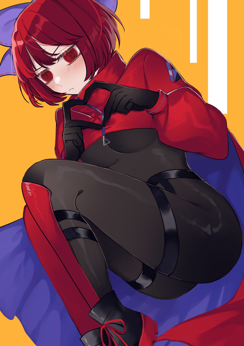 1girl @_@ absurdres akatsuki_records black_bodysuit black_footwear black_gloves bodysuit bow cape closed_mouth commentary_request foot_out_of_frame full_body gloves hair_bow hands_up heart heart_hands highres knees_up long_sleeves looking_at_viewer purple_bow purple_cape red_cape red_eyes red_hair ribbon-trimmed_bow rock_'n'_rock_'n'_beat sekibanki short_hair solo toraneko_2 touhou two-sided_cape two-sided_fabric two-tone_cape