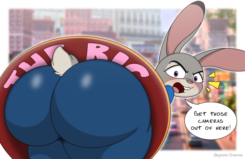 2024 angry anthro big_butt blue_bottomwear blue_clothing blue_pants bottomwear bubble_butt buckteeth butt city city_background clothing dessert disney doughnut female food fur grey_body grey_fur hi_res judy_hopps judy_stuck_in_donut_redraw lagomorph legwear leporid looking_at_viewer looking_back mammal pants pink_nose police police_uniform purple_eyes rabbit rear_view saputodraws scut_tail short_tail speech_bubble stuck tail teeth thigh_highs uniform zootopia