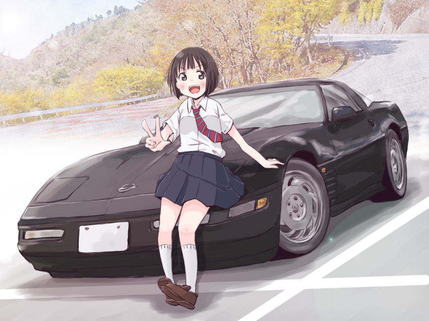 1girl black_car blue_skirt blush brown_footwear brown_hair car chevrolet chevrolet_corvette chevrolet_corvette_c4 collared_shirt highres koguma_(super_cub) looking_at_viewer maruyo motor_vehicle mountain necktie open_mouth photo_background pleated_skirt red_necktie road shirt shoes short_hair sitting skirt smile socks sports_car super_cub tree v vehicle_focus white_shirt white_socks