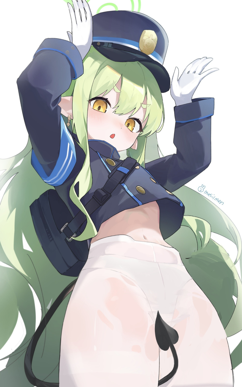 1girl armband artist_name black_hat blue_archive blue_armband blush buttons commentary cropped_jacket demon_tail double-breasted gloves green_hair green_halo halak0000 halo hands_up hat highres hikari_(blue_archive) long_hair long_sleeves looking_at_viewer navel open_mouth panties panties_under_pantyhose pantyhose peaked_cap pointy_ears sidelocks simple_background solo symbol-only_commentary tail underwear white_background white_gloves white_panties white_pantyhose yellow_eyes