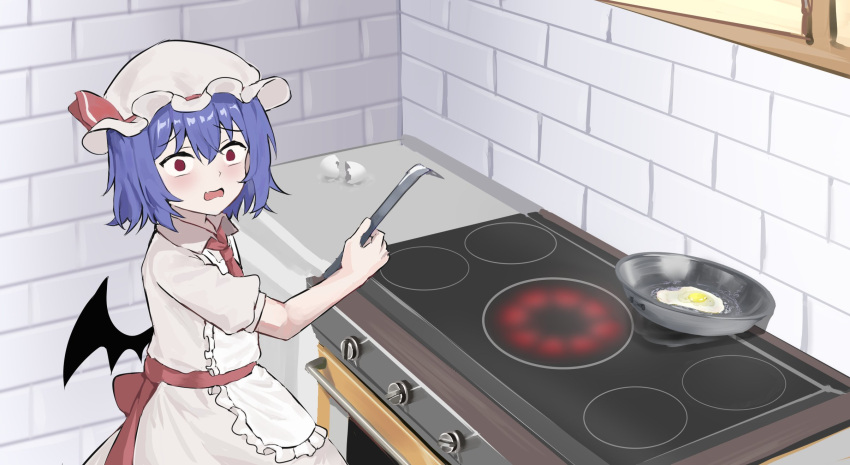 1girl apron ayo_rimaisu bat_wings broken dress fried_egg frying_pan hat highres indoors looking_at_viewer mob_cap oven purple_hair red_eyes remilia_scarlet short_hair solo touhou white_apron white_dress white_hat wings