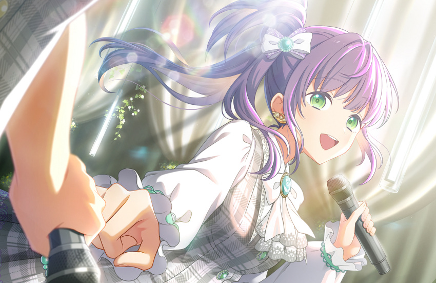 2girls :d bow dress dutch_angle fist_bump floating_hair floral_print floral_print_bow game_cg green_eyes grey_dress hair_bow hair_bun hanging_light highres hinoshita_kaho holding holding_microphone lens_flare lens_flare_abuse link!_like!_love_live! lone_nape_hair long_hair long_sleeves looking_at_viewer love_live! microphone multiple_girls official_art open_mouth otomune_kozue out_of_frame plaid plaid_dress puffy_long_sleeves puffy_sleeves purple_bow purple_hair side_ponytail sidelocks single_side_bun smile stage_curtains teeth third-party_source upper_teeth_only virtual_youtuber white_bow white_sleeves