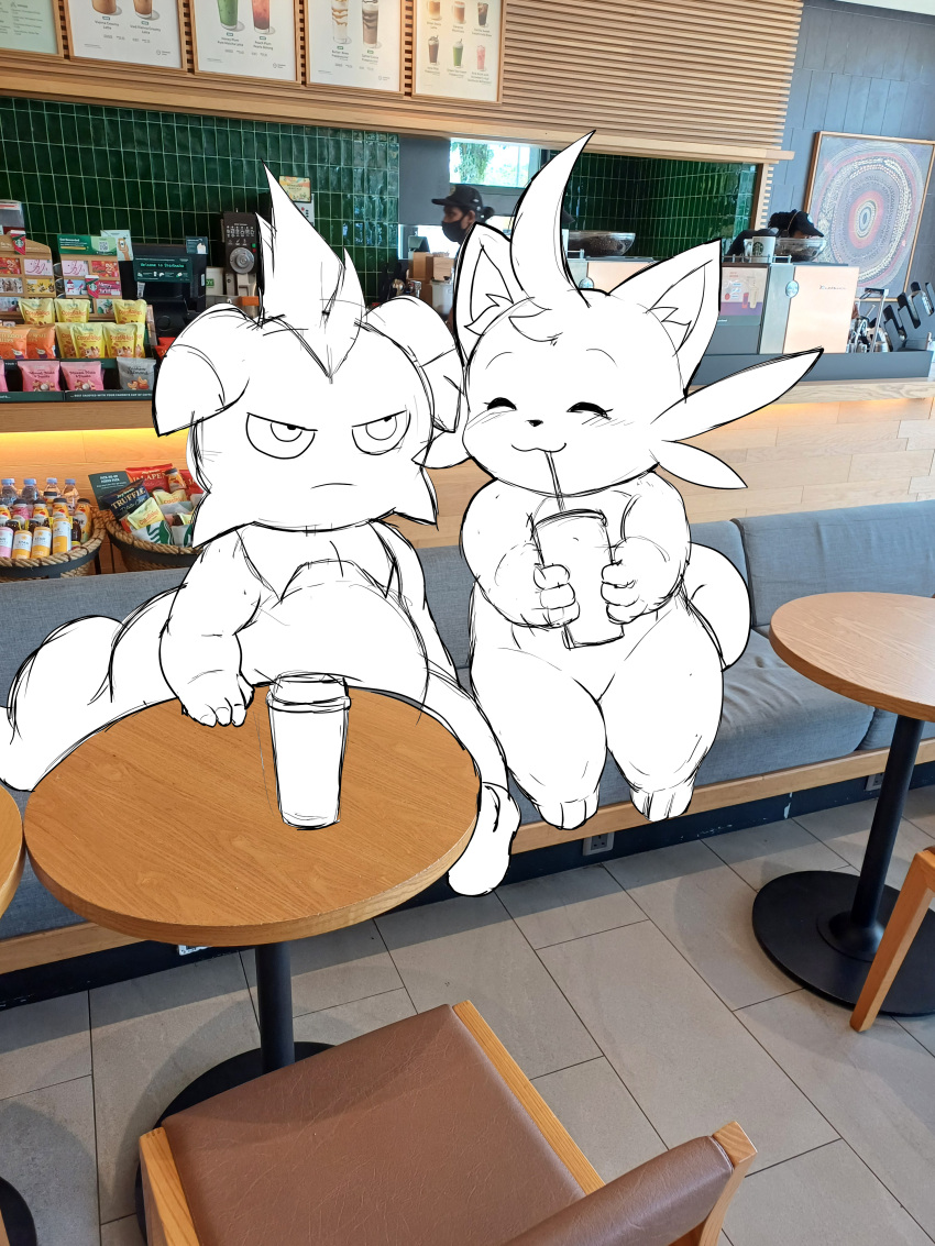 2024 4_fingers absurd_res ambiguous_gender anthro cafe cattiva container cup day depresso drinking drinking_straw duo eyes_closed featureless_crotch fingers furniture hi_res inside nude pal_(species) palworld photo_background photography_(artwork) pocketpair sitting table winick-lim