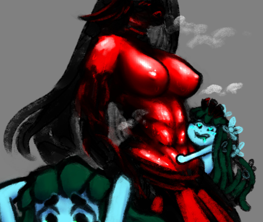 abs accessory big_breasts black_hair blush blush_lines bodily_fluids bottomwear bracketsxxx breasts breath chibi choker clothing demon drooling duo elemental_creature female female/female flora_fauna flower flower_in_hair green_hair hair hair_accessory hand_on_head jewelry long_hair necklace nymph pale_skin plant red_body red_skin saliva size_difference skirt skirt_only sweat teal_body teal_skin vines