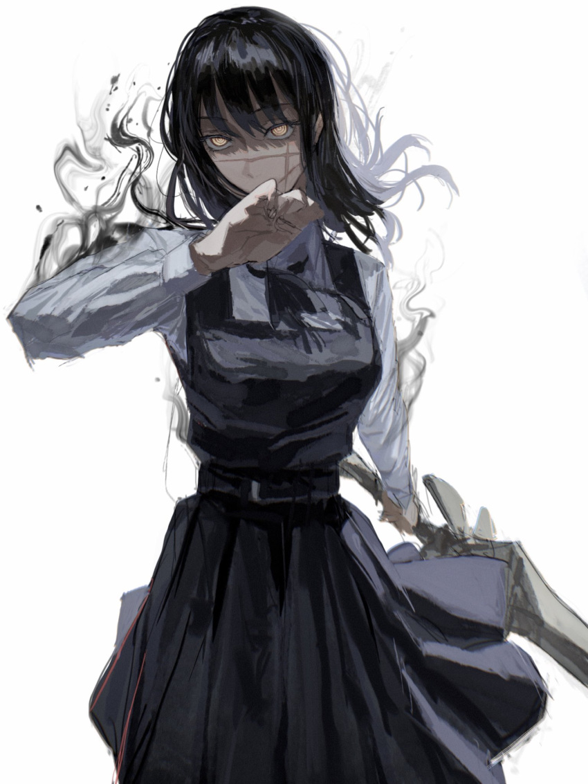 1girl aura black_dress black_hair black_ribbon chainsaw_man cowboy_shot dress hand_up highres holding holding_sword holding_weapon kota_2kx long_hair long_sleeves looking_at_viewer neck_ribbon ribbon ringed_eyes scar scar_on_face school_uniform simple_background solo standing sword weapon white_background white_dress yellow_eyes yoru_(chainsaw_man)