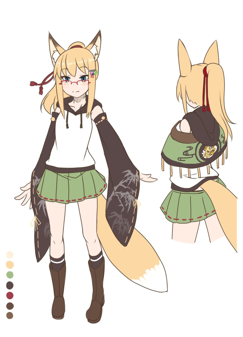 1girl animal_ear_fluff animal_ears black_sleeves black_socks blonde_hair blue_eyes brown_footwear capelet closed_mouth color_guide cropped_legs detached_sleeves drawstring fox_ears fox_girl fox_tail fringe_trim glasses green_capelet green_skirt hair_ornament hairclip highres hood hood_down hoodie kuro_kosyou light_smile long_hair long_sleeves looking_at_viewer multiple_views original over-rim_eyewear pleated_skirt ponytail red-framed_eyewear ribbon-trimmed_skirt ribbon-trimmed_sleeves ribbon_trim semi-rimless_eyewear simple_background skirt sleeveless sleeveless_hoodie sleeves_past_wrists socks standing tail white_background white_hoodie wide_sleeves