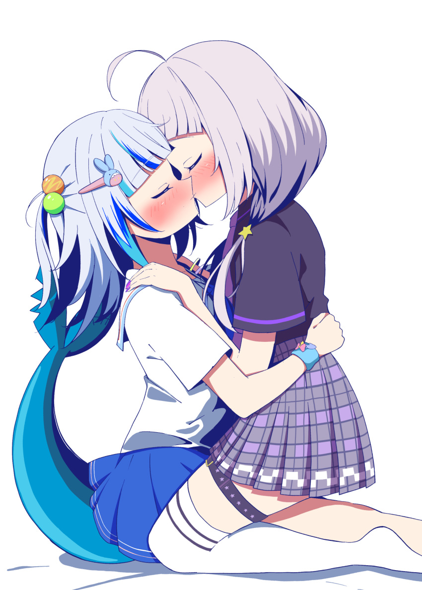 2girls absurdres black_shirt blue_hair blue_skirt blunt_bangs blush collared_shirt fins fish_tail gawr_gura gawr_gura_(school_uniform) grey_hair grey_skirt hair_bobbles hair_ornament hairclip highres hololive hololive_english hug kiss long_hair making-of_available medium_hair miniskirt multicolored_hair multiple_girls murasaki_shion murasaki_shion_(school_uniform) necktie no_shoes official_alternate_costume official_alternate_hairstyle one_side_up plaid plaid_skirt pleated_skirt purple_necktie rabbit_hair_ornament sailor_collar school_uniform shark_tail shirt short_sleeves simple_background sitting sitting_on_lap sitting_on_person skirt streaked_hair tail takapyon_higashi thigh_strap thighhighs virtual_youtuber white_background white_sailor_collar white_shirt white_thighhighs yuri