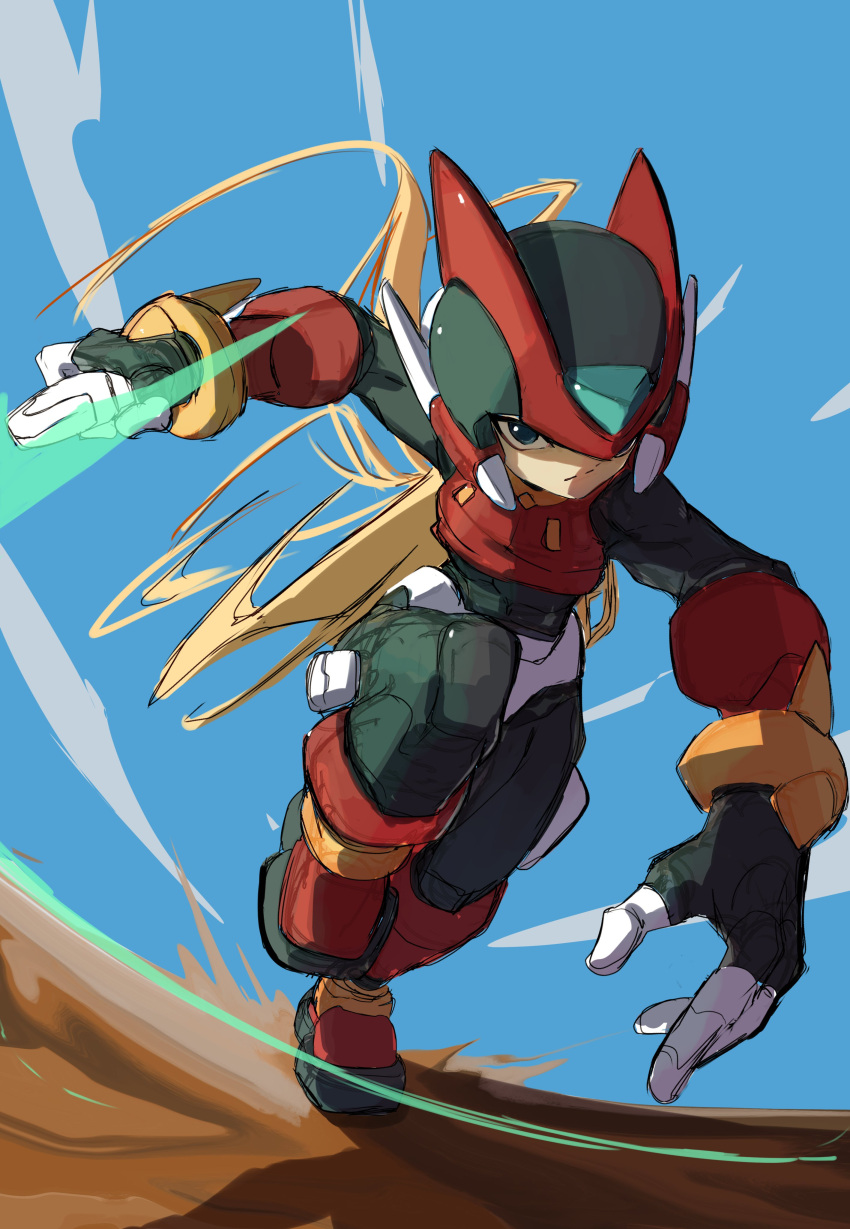 1boy absurdres android armor black_eyes blonde_hair boots crop_top crotch_plate energy_sword forehead_jewel full_body helmet highres holding holding_sword holding_weapon long_hair male_focus mega_man_(series) mega_man_zero_(series) omochi_(mochi_skymega) red_armor red_footwear red_helmet running slashing solo sword weapon z_saber zero(z)_(mega_man) zero_(mega_man)