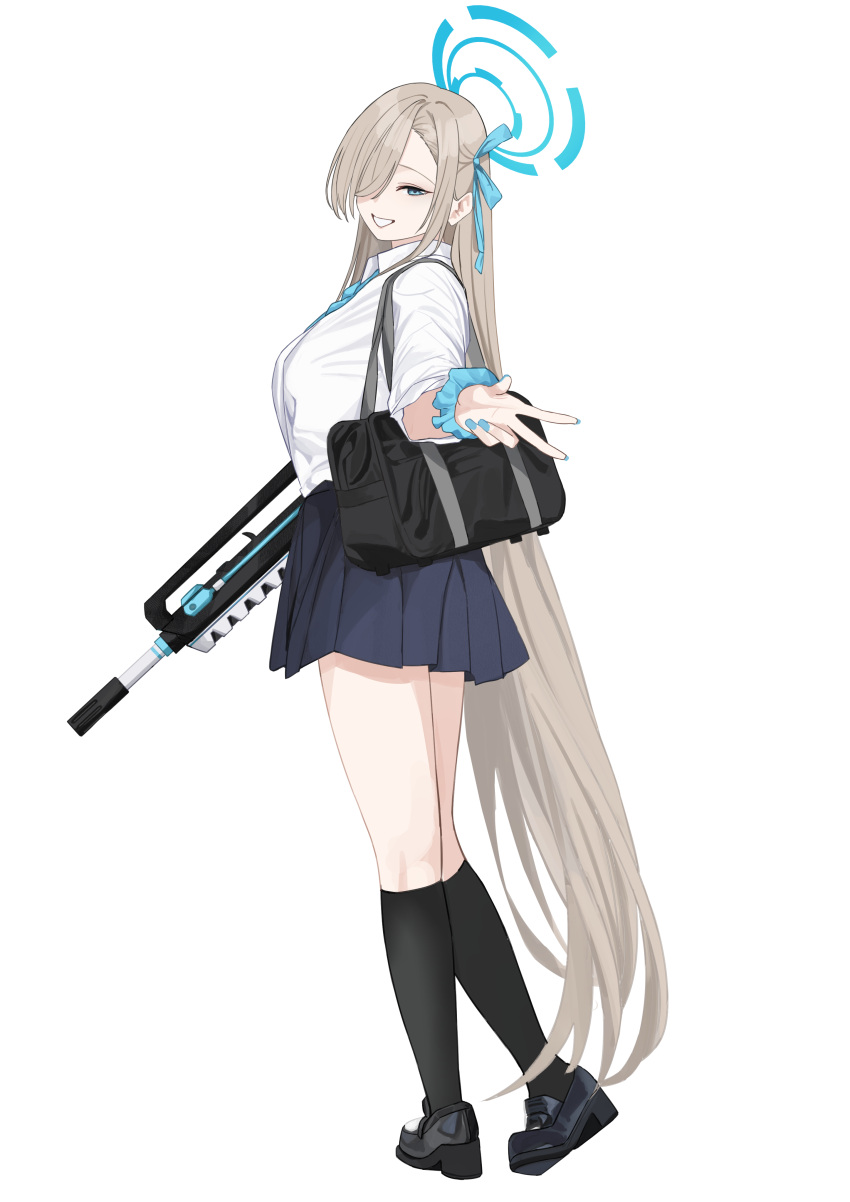 1girl absurdres asuna_(blue_archive) bag black_bag black_footwear black_socks blue_archive blue_bow blue_bowtie blue_skirt bow bowtie collared_shirt commentary dress_shirt full_body grey_hair gun hair_over_one_eye highres holding holding_gun holding_weapon kneehighs loafers long_hair looking_at_viewer pleated_skirt school_bag shirt shoes shoulder_bag simple_background skirt socks solo tnr_(horiko1525) very_long_hair w weapon white_background white_shirt