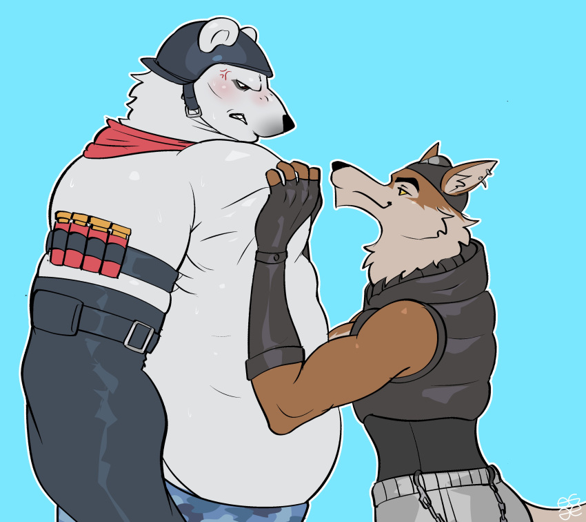 2boys absurdres animal_ears bara bear_boy blush cowboy_shot detached_sleeves egg_concept eye_contact foreplay fortnite from_side furry furry_male grabbing hard_hat helmet highres huge_pectorals looking_at_another male_focus multiple_boys muscular muscular_male parody pectoral_grab pectorals photo-referenced polar_patroller_(fortnite) profile seductive_smile short_hair smile standing tail two-tone_fur wendell_(fortnite) wolf_boy wolf_ears wolf_tail yaoi