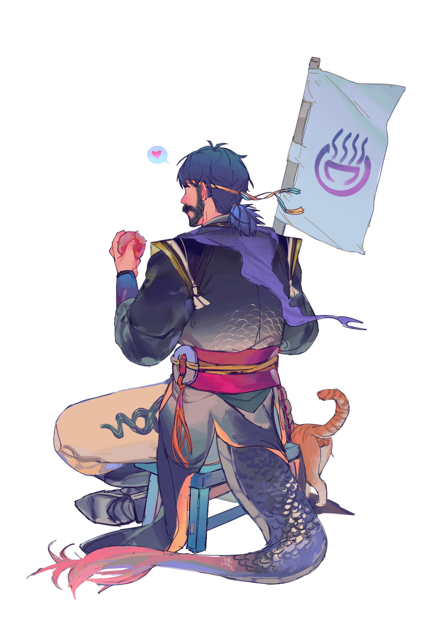 1boy absurdres bara beard cat eating facial_hair facing_away fins fish_tail fisherman full_beard full_body headband highres kuroshima_kurishiro_(muyi24108414) low_ponytail male_focus mature_male original profile sitting solo spoken_animal tail