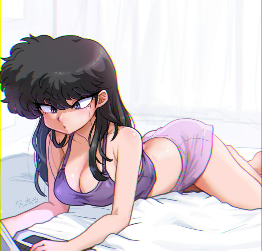 1girl at_computer bare_arms bare_legs bare_shoulders barefoot bed_sheet black_hair breasts cleavage computer crossed_legs curtains kunou_kodachi laptop long_hair looking_at_object loungewear lying medium_breasts messy_hair on_bed on_stomach purple_eyes purple_shorts purple_tank_top ranma_1/2 reading shorts signature tank_top typing wanta_(futoshi)