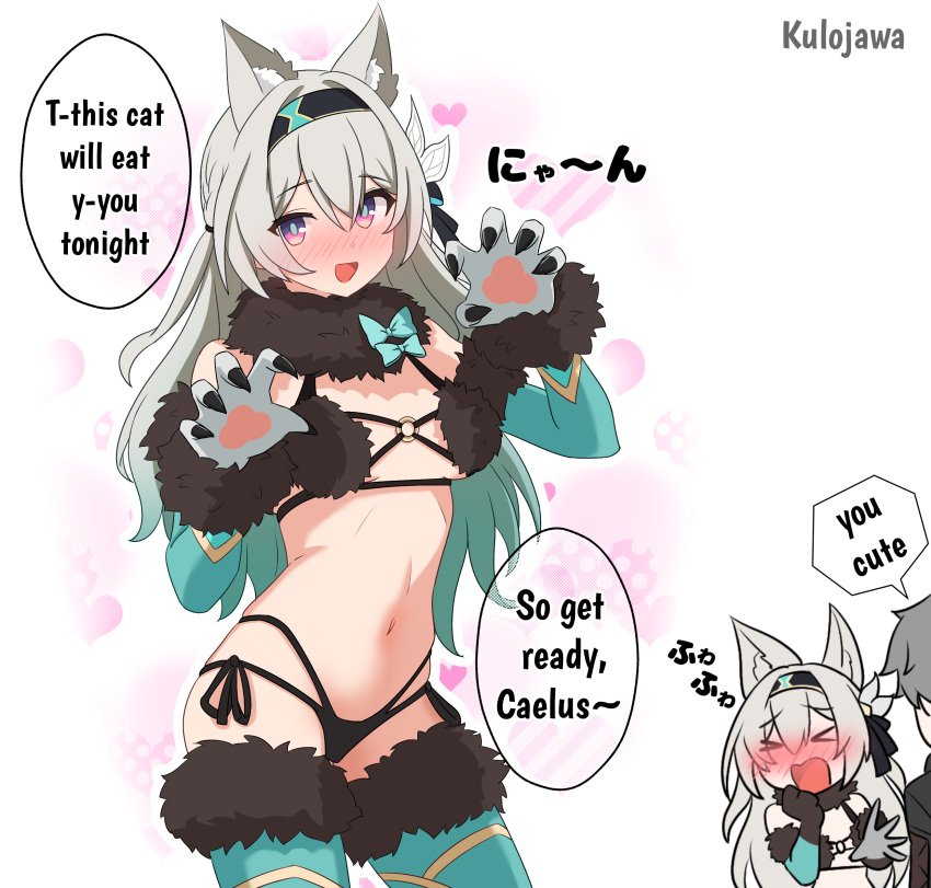 1boy 1girl absurdres animal_ears bikini black_bikini black_hairband blush breasts caelus_(honkai:_star_rail) cat_ears cat_girl cat_tail english_text firefly_(honkai:_star_rail) grey_hair hair_between_eyes hairband heart highres honkai:_star_rail honkai_(series) kemonomimi_mode kulo_jawa long_hair looking_at_viewer navel open_mouth partially_translated paw_pose small_breasts smile speech_bubble swimsuit tail trailblazer_(honkai:_star_rail) translation_request white_background