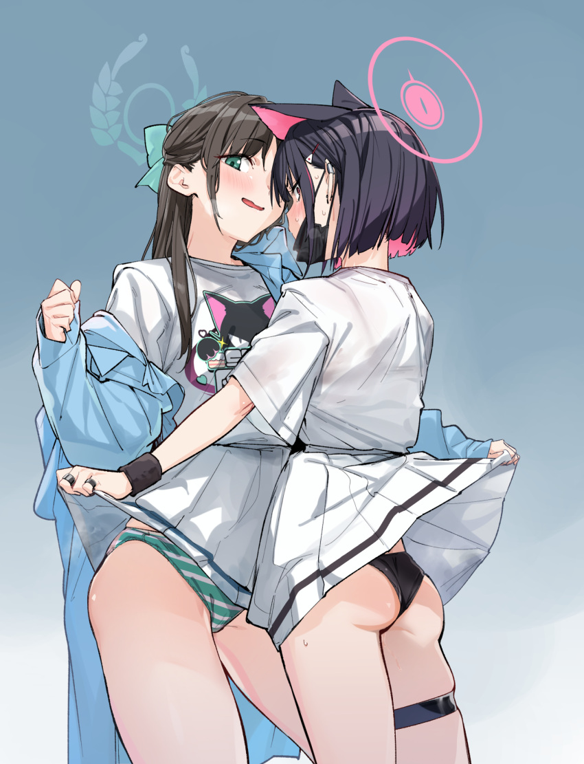 2girls airi_(band)_(blue_archive) airi_(blue_archive) animal_ears ass assisted_exposure black_hair black_mask black_panties blue_archive blue_background blush bob_cut brown_hair cat_ears clothes_lift colored_inner_hair gradient_background green_eyes green_panties halo highres kazusa_(band)_(blue_archive) kazusa_(blue_archive) lifting_another's_clothes long_hair looking_at_viewer mask_pull multicolored_hair multiple_girls panties pink_eyes pink_hair pleated_skirt shirt short_hair simple_background skirt skirt_lift smile standing striped_clothes striped_panties sweat underwear uno_ryoku upskirt white_shirt