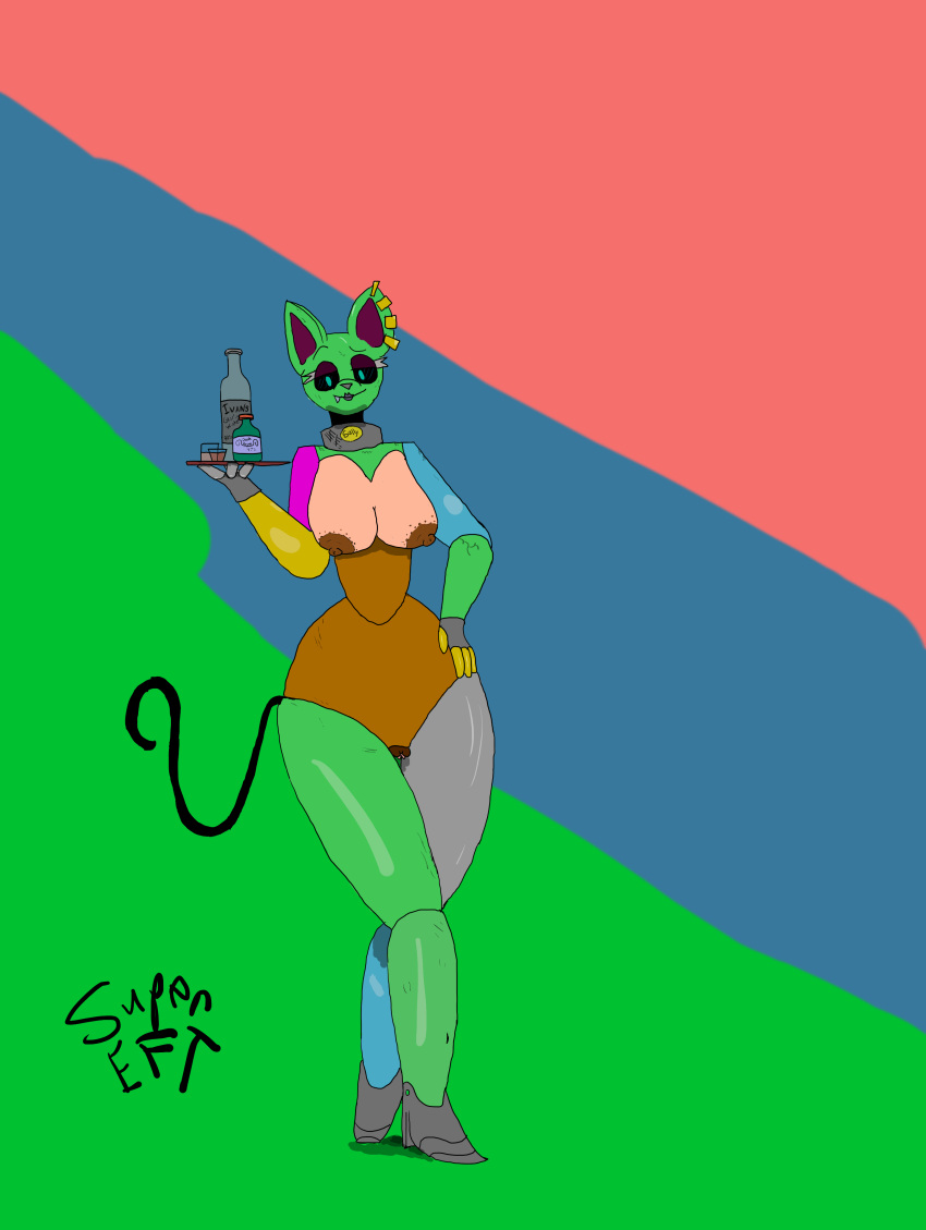 absurd_res alcohol anthro areola beverage breasts brown_areola collar darkened_genitalia darkened_pussy ear_piercing ear_ring felid feline female genitals hi_res mammal multicolored_body piercing pussy ring_piercing robot_anthro solo supereft_(artist) tail