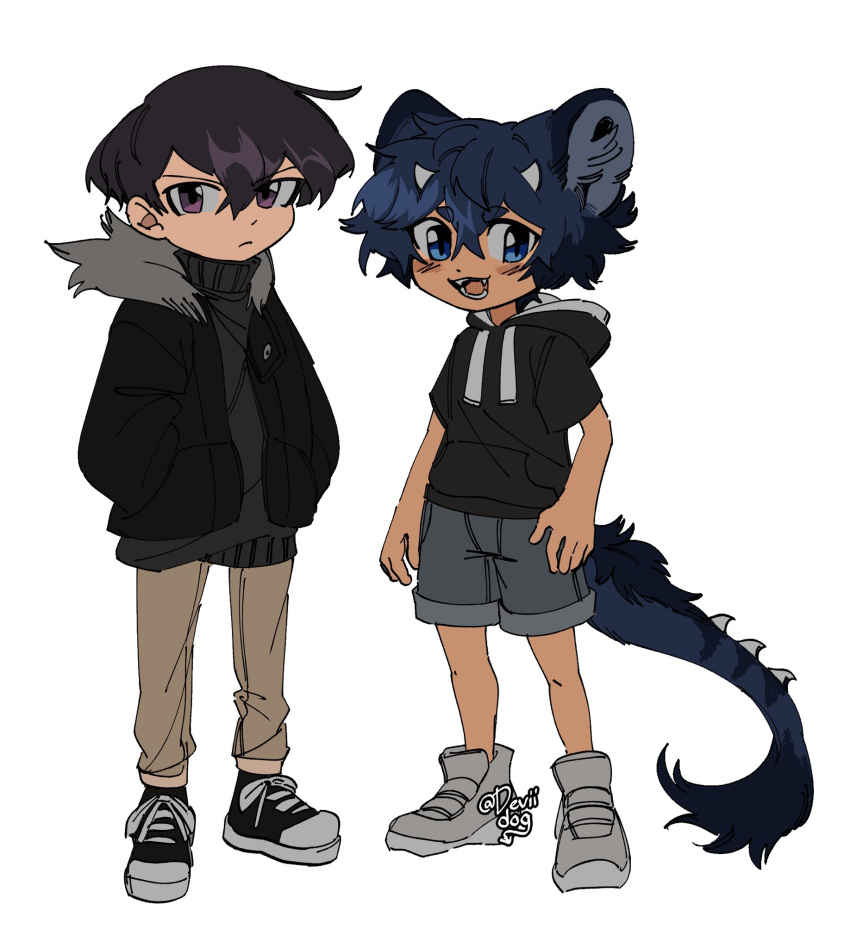 2boys animal_ears artist_name black_footwear black_hair black_jacket black_sweater blue_eyes blue_hair brown_pants child closed_mouth deviidog0 english_commentary fangs full_body fur-tipped_tail fur_collar grey_footwear grey_shorts hands_in_pockets highres hood hood_down hooded_jacket horns jacket looking_at_viewer male_focus multiple_boys open_mouth original pants purple_eyes shoes short-sleeved_jacket short_eyebrows short_hair short_sleeves shorts simple_background small_horns sneakers spiked_tail standing sweater tail turtleneck turtleneck_sweater twintails very_short_hair white_background