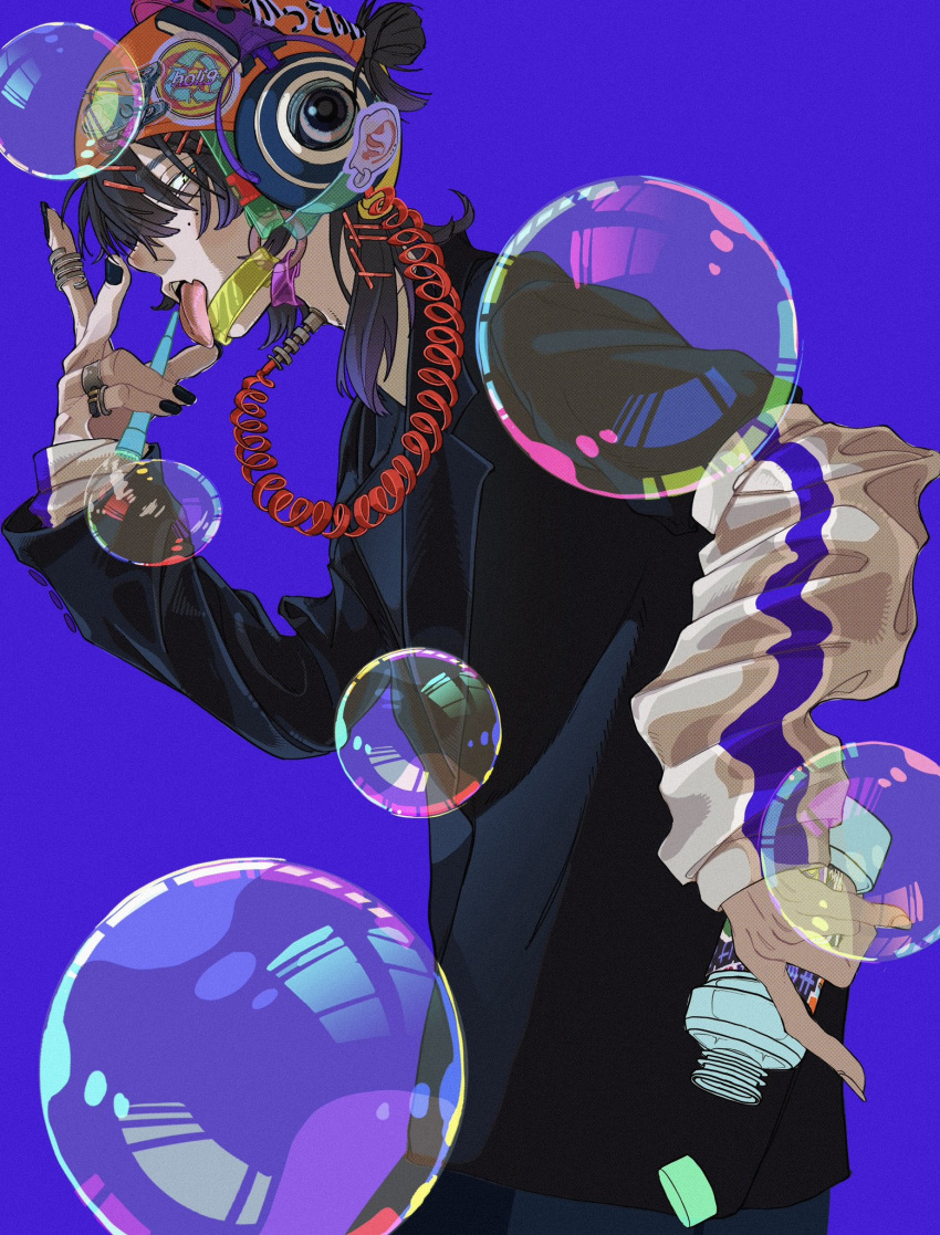 17_s_kyk 1boy black_hair black_nails black_shirt bottle bubble commentary fang hair_bun hair_ornament hairpin half_updo hand_to_own_mouth helmet highres holding holding_bottle jewelry layered_sleeves leaning_forward looking_at_viewer male_focus medium_hair mole mole_on_cheek multiple_hairpins nail_polish open_mouth original purple_background ring shirt simple_background solo symbol-only_commentary tongue tongue_out upper_body v