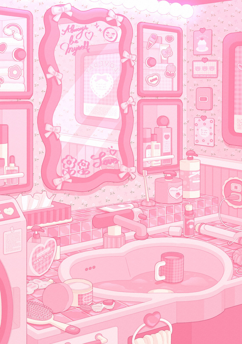 absurdres bathroom bottle bow coffee_mug commentary contact_lens_case cup drawer electrical_outlet english_text floral_print hair_brush heart highres indoors limited_palette mirror mug nekomaru0817 no_humans original pink_bow pink_theme rainbow scenery sink soap_bottle sticker symbol-only_commentary tiles tissue tissue_box toothbrush