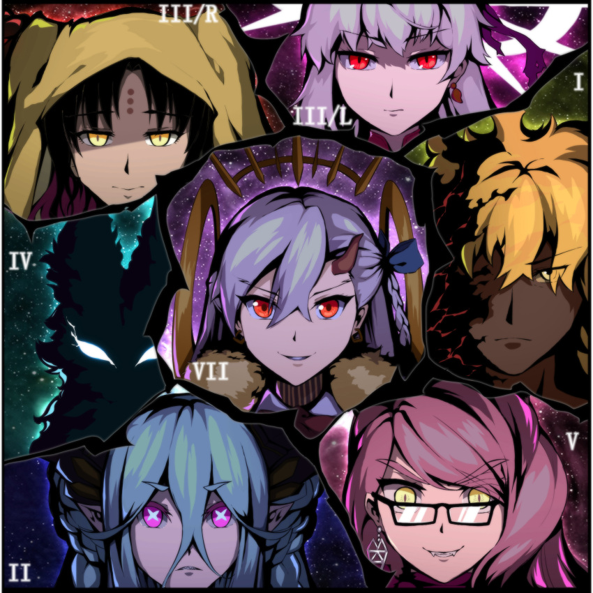 1boy 5girls absurdres black-framed_eyewear black_hair blonde_hair blue_hair blue_ribbon braid bright_pupils chinese_commentary closed_mouth dark-skinned_male dark_skin earrings fangs fate/grand_order fate_(series) forehead_tattoo fou_(fate) glasses glowing glowing_eyes goetia_(fate) grey_hair grin hair_between_eyes hair_ribbon highres horns jewelry kama_(beast_iii/l)_(fate) kama_(fate) koyanskaya_(fate) koyanskaya_(foreigner)_(first_ascension)_(fate) long_hair looking_at_viewer multicolored_hair multiple_girls olga_marie_animusphere parted_bangs pink_eyes pink_hair pointy_ears qi_huang_qin red_eyes ribbon sessyoin_kiara sessyoin_kiara_(beast_iii/r) sharp_teeth side_braid single_horn slit_pupils smile space streaked_hair symbol-shaped_pupils tamamo_(fate) teeth tiamat_(fate) u-olga_marie white_pupils x-shaped_pupils yellow_eyes yellow_veil