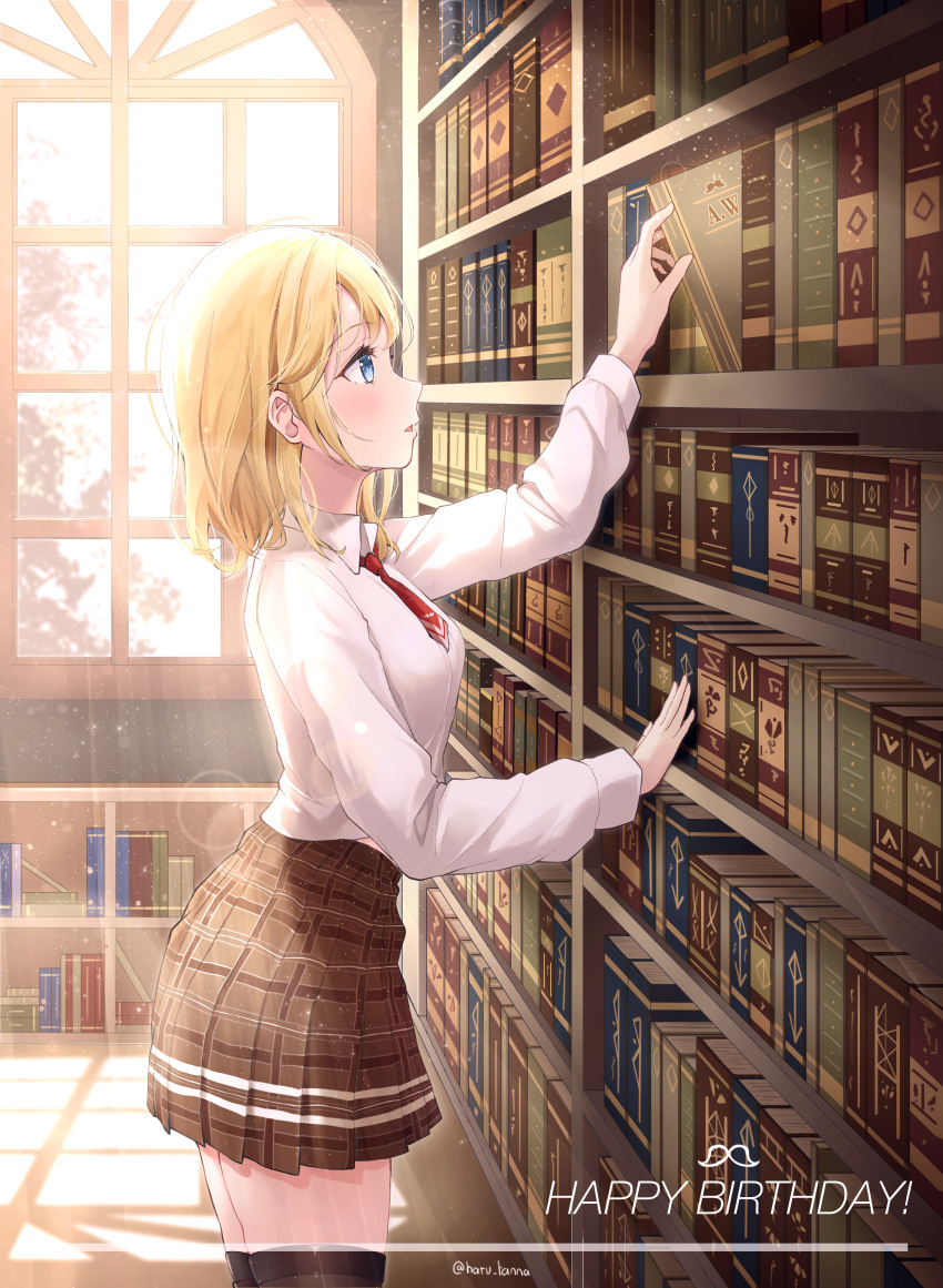1girl absurdres artist_name blonde_hair blue_eyes book brown_skirt brown_thighhighs collared_shirt from_side hair_between_eyes hair_over_shoulder happy_birthday harukix high-waist_skirt highres holding holding_book hololive indoors leaning_on_object lens_flare library light_blush light_particles light_rays looking_at_object medium_hair necktie open_mouth plaid plaid_skirt pleated_skirt red_necktie shadow shirt short_necktie sidelocks skirt sunbeam sunlight thighhighs virtual_youtuber watson_amelia watson_amelia_(1st_costume) white_shirt window wooden_floor