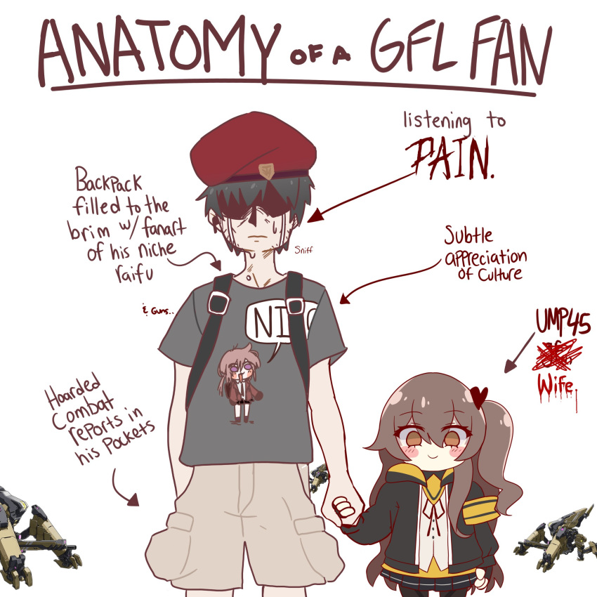 1boy 1girl :3 absurdres anatomy_of_a_gamer_(meme) arms_at_sides arrow_(symbol) beret black_hair black_jacket black_skirt blush_stickers brown_hair brown_pants cargo_pants closed_mouth commander_(girls'_frontline) commentary cowboy_shot crying english_commentary english_text girls'_frontline grey_shirt hair_between_eyes hat height_difference highres holding_hands hood hooded_jacket jacket long_hair long_sleeves looking_at_viewer meme microskirt open_clothes open_jacket orange_eyes pants pleated_skirt red_beret robot shaded_face shirt short_hair short_sleeves side-by-side side_ponytail simple_background skirt smart_oval smile standing straight-on streaming_tears t-shirt tears ump45_(girls'_frontline) variant_set white_background