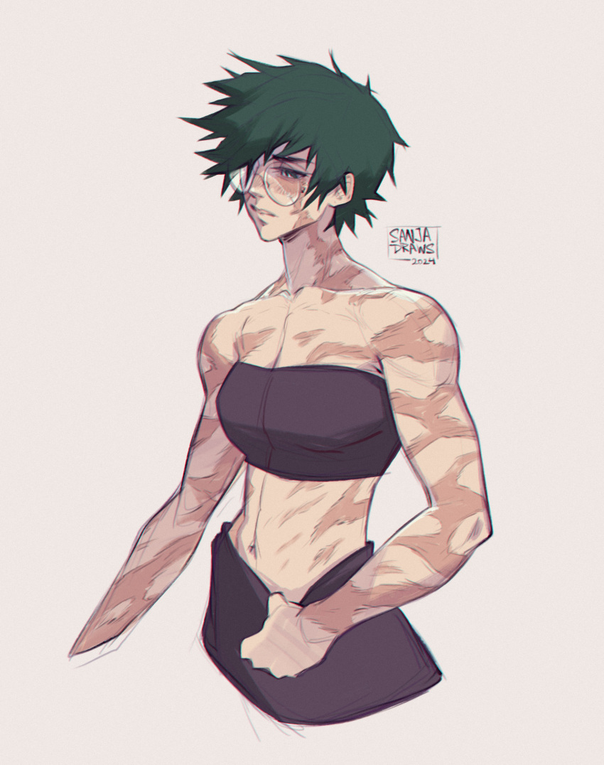 1girl burn_scar glasses green_hair highres jujutsu_kaisen multiple_scars muscular muscular_female round_eyewear sanjadraws scar scar_on_arm scar_on_face scars_all_over short_hair simple_background solo too_many too_many_scars zen'in_maki