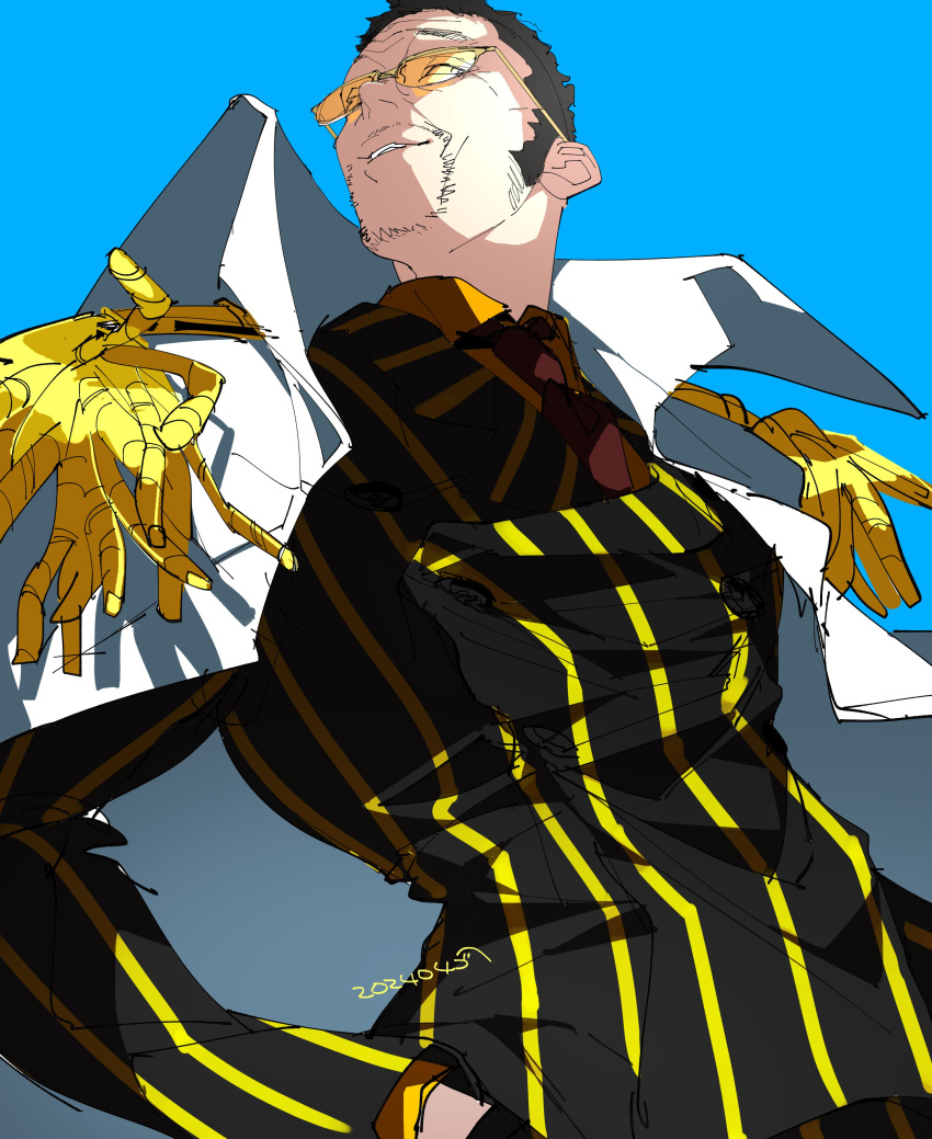 1boy 2024 absurdres black_hair black_suit blue_background borsalino_(kizaru) coat coat_on_shoulders dated epaulettes eyes_visible_through_eyewear facial_hair goatee hand_in_pocket highres kinako_(marubotan) male_focus mustache one_piece short_hair smile solo striped_clothes suit sunglasses upper_body vertical-striped_clothes white_coat