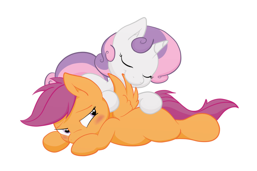 alpha_channel blush colored cub duo equine eyes_closed female feral friendship_is_magic hair hi_res horn horse ixbalam joey-darkmeat lying mammal my_little_pony nibble nom pegasus plain_background pony purple_eyes purple_hair scootaloo_(mlp) sweetie_belle_(mlp) transparent_background two_tone_hair unicorn wings young