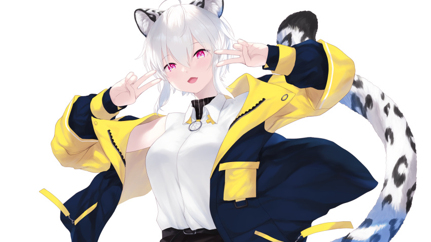 1girl animal_ear_fluff animal_ears belt belt_buckle black_belt black_shorts blue_jacket breasts buckle cait_aron collared_shirt double_v dress_shirt hair_between_eyes hands_up highres indie_virtual_youtuber jacket kusubashi_shiya leopard_ears leopard_girl leopard_tail long_sleeves looking_at_viewer medium_breasts open_clothes open_jacket puffy_long_sleeves puffy_sleeves purple_eyes shirt shorts simple_background sleeves_past_wrists solo tail upper_body v virtual_youtuber white_background white_hair white_shirt