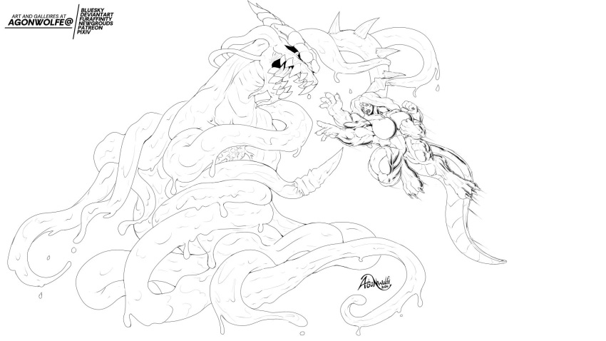 4_arms agonwolfe alien female fight goopy hi_res humanoid mid_air monster multi_arm multi_limb muscular symbiote tentacles
