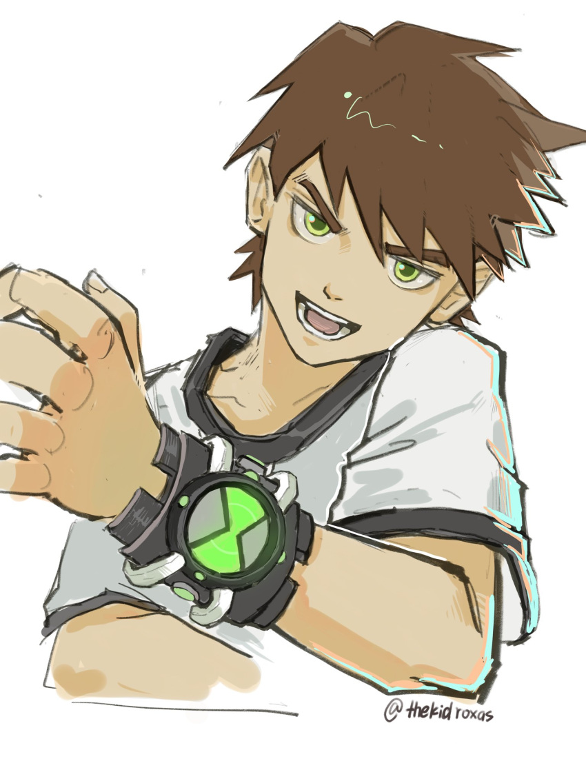 1boy ben_10 ben_tennyson brown_hair green_eyes highres male_focus omnitrix shirt short_hair smile solo thekidroxas watch white_shirt wristwatch