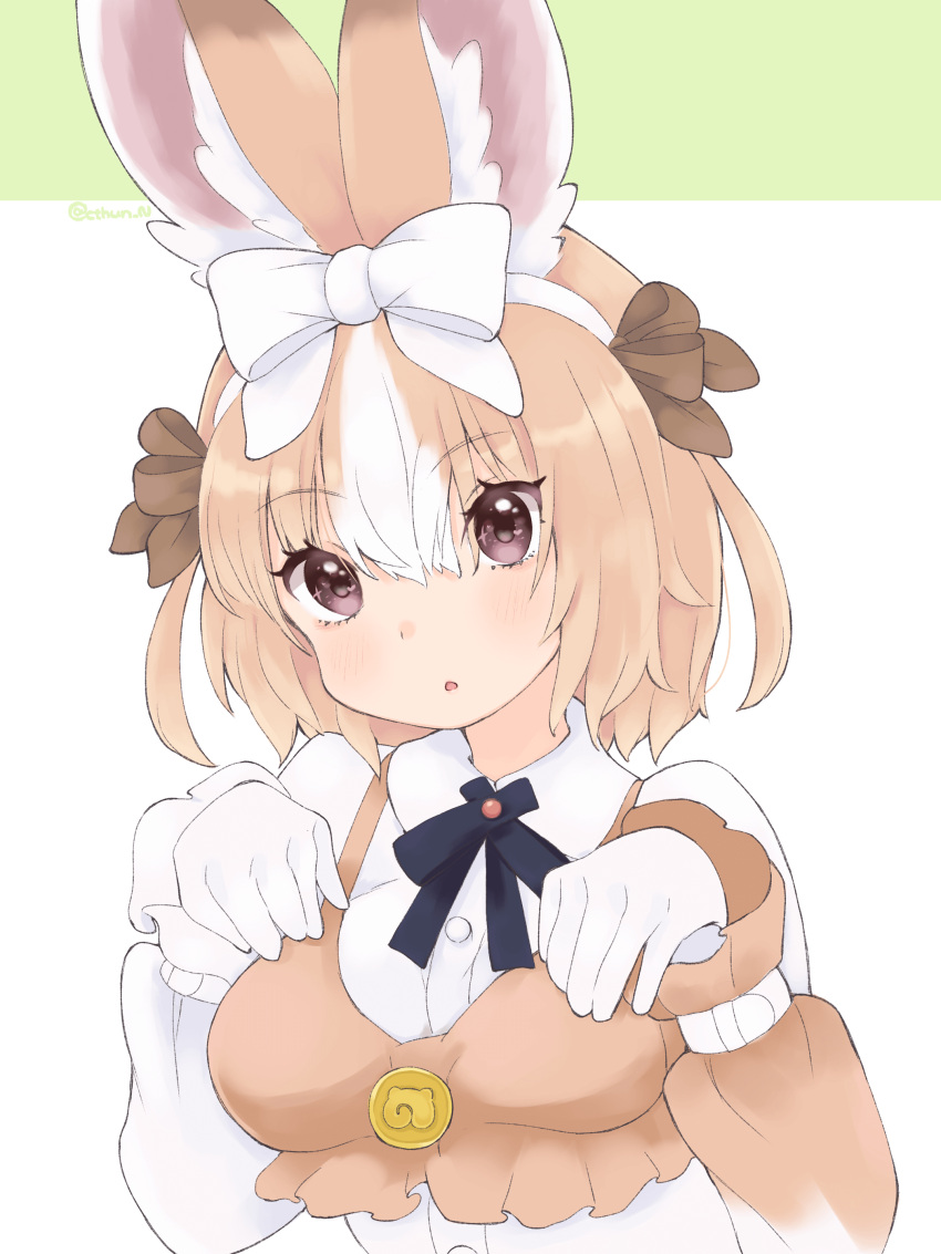 1girl :o absurdres animal_ears blue_bow blue_bowtie blush bow bowtie brown_bow brown_dress brown_vest collared_shirt cthun_n domestic_rabbit_(kemono_friends) dress frilled_sleeves frills gloves hair_between_eyes hair_bow highres kemono_friends light_brown_hair long_sleeves multicolored_hair puffy_sleeves purple_eyes rabbit_ears rabbit_girl shirt sidelocks solo two-tone_dress two-tone_hair upper_body vest white_bow white_dress white_gloves white_hair