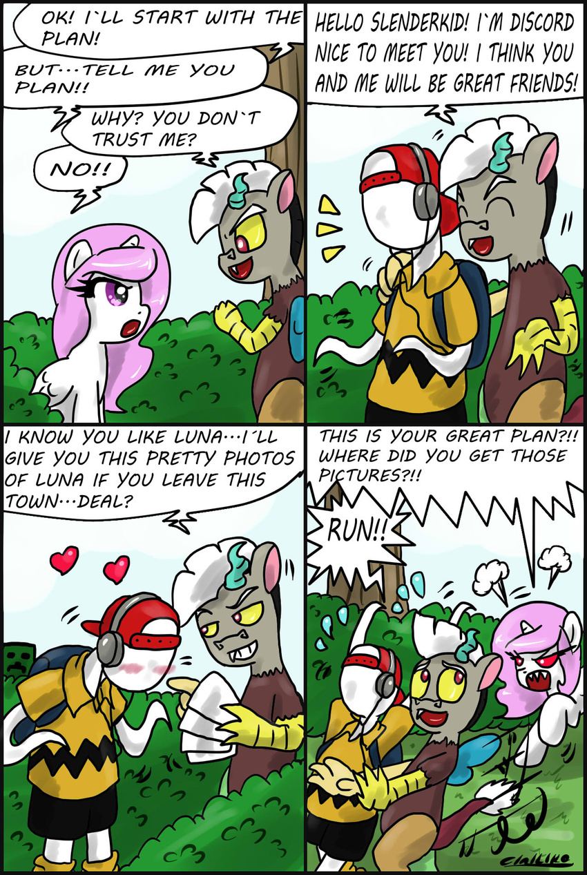 angry bag bush ciriliko clothing comic creeper cub dialog dialogue discord_(mlp) draconequus english_text equine female feral friendship_is_magic group hair hat headphones horn horse mad male mammal minecraft my_little_pony pink_hair pony princess princess_celestia_(mlp) purple_eyes red_eyes royalty shirt slenderman steam text tree video_games winged_unicorn wings wood young
