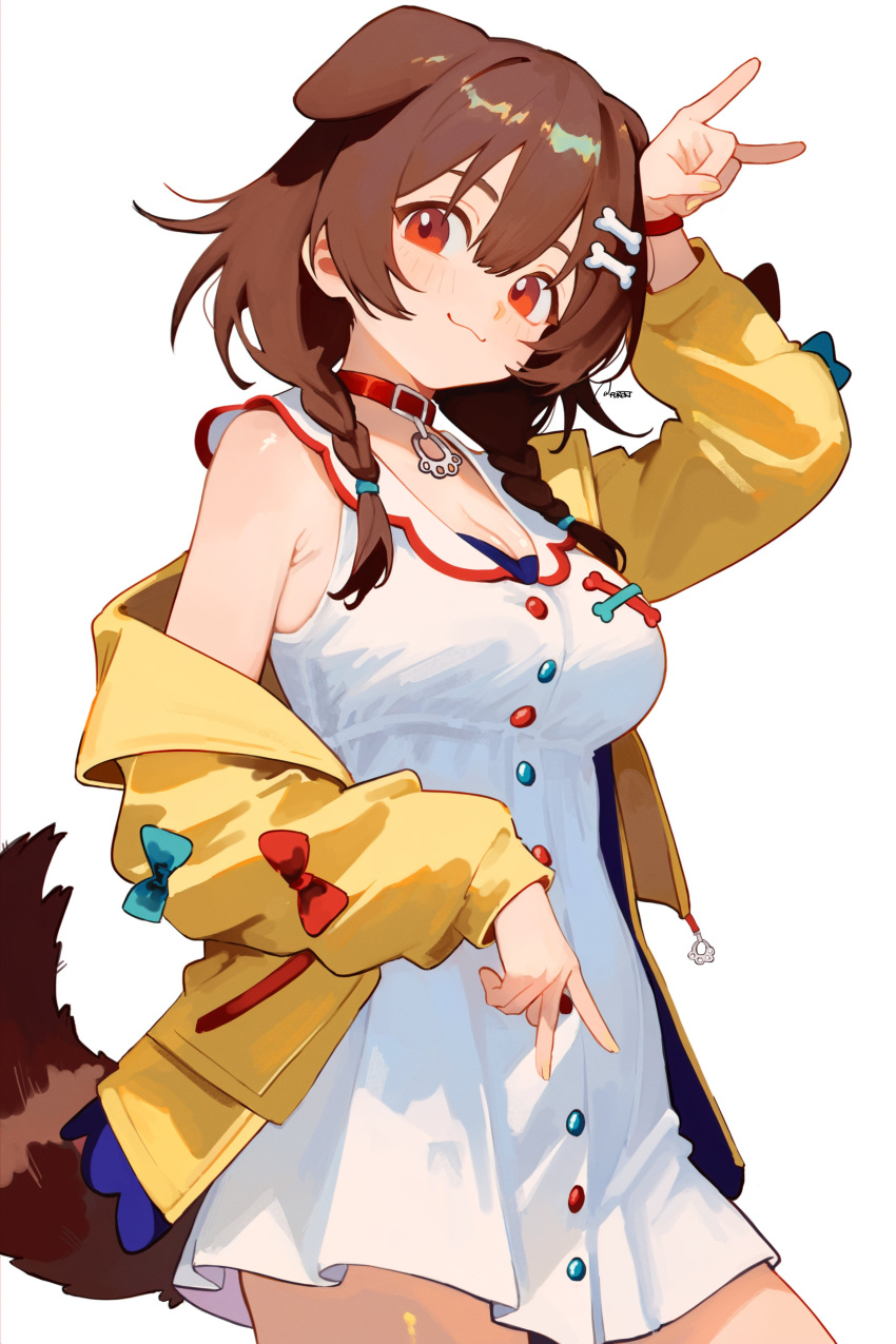 :3 absurdres animal_collar animal_ears braid breasts brown_hair cleavage collar cropped_legs dog_ears dog_girl dog_tail double-parted_bangs dress finger_puppet furoki highres hololive inugami_korone inugami_korone_(1st_costume) jacket long_hair looking_at_viewer low_twin_braids medium_breasts orange_eyes puppet tail twin_braids virtual_youtuber white_background white_dress yellow_jacket yellow_nails