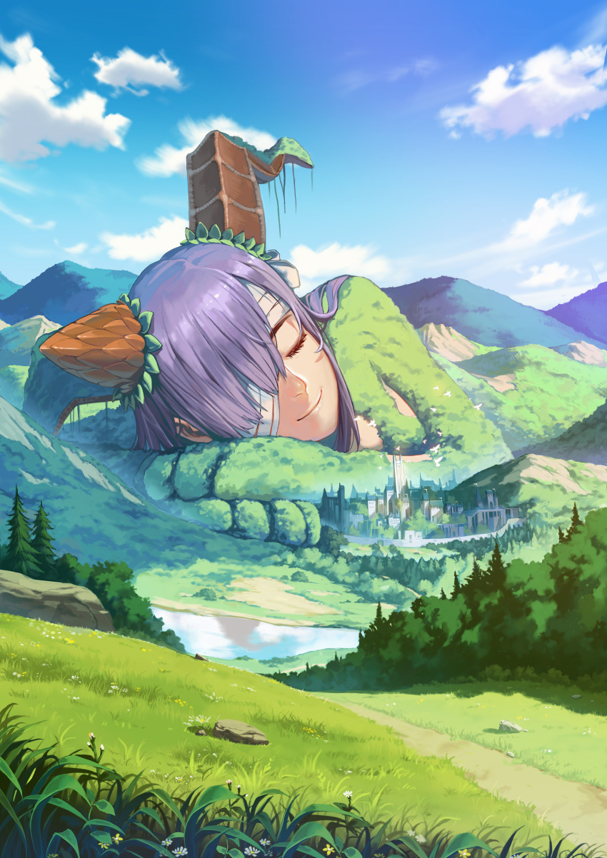 1girl absurdres bandage_over_one_eye bandaged_head bandages bird blue_sky breasts brown_horns city closed_eyes closed_mouth cloud commentary curled_horns day dirt_road fate/grand_order fate_(series) giant giantess grass highres horns kingprotea_(fate) kingprotea_(second_ascension)_(fate) large_breasts long_hair moss mountainous_horizon one_eye_covered outdoors pigsomedom procreate_(medium) purple_hair road sky sleeping smile solo tree white_bird