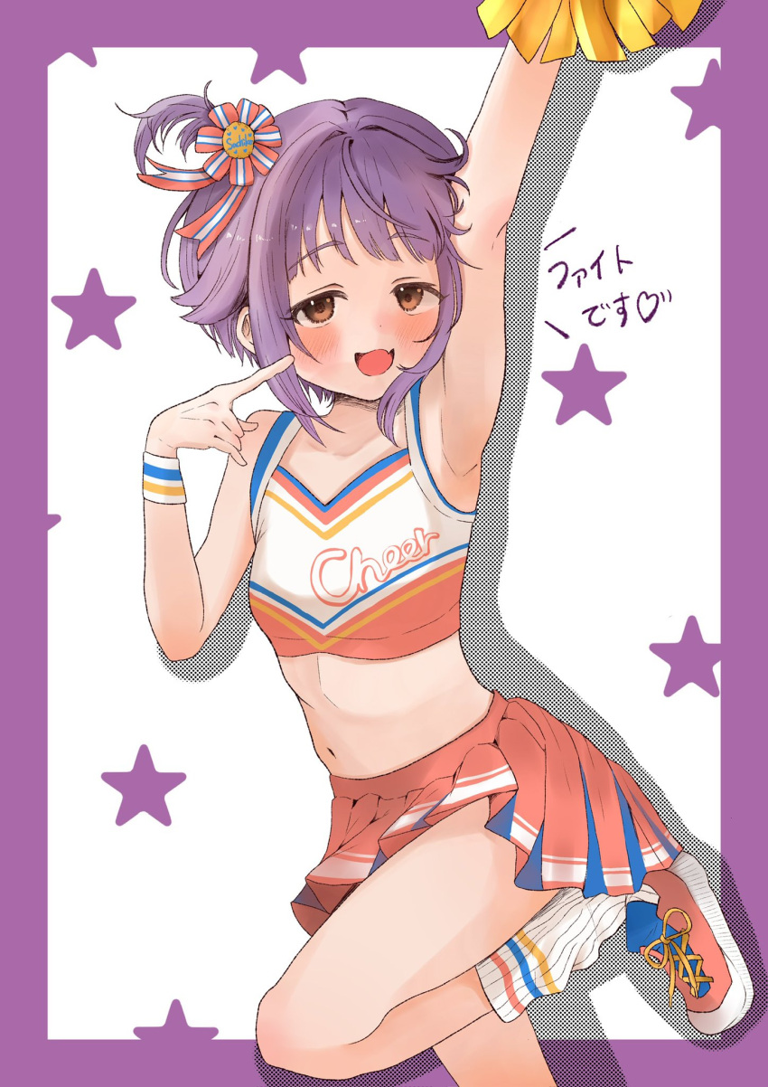 arm_up armpits bare_legs blush breasts cheerleader cropped_shirt highres holding holding_pom_poms idolmaster idolmaster_cinderella_girls koshimizu_sachiko looking_at_viewer loose_socks miniskirt navel one_side_up pleated_skirt pom_pom_(cheerleading) purple_hair shirt shoes short_hair skirt sleeveless sleeveless_shirt small_breasts smile sneakers socks standing standing_on_one_leg star_(symbol) two-tone_background wanwanpaccoro wristband